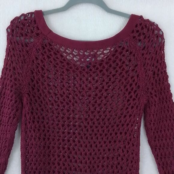 American Eagle‎ Open Knit Crocheted Sweater Size S Burgundy 100% Cotton - Picture 6 of 9